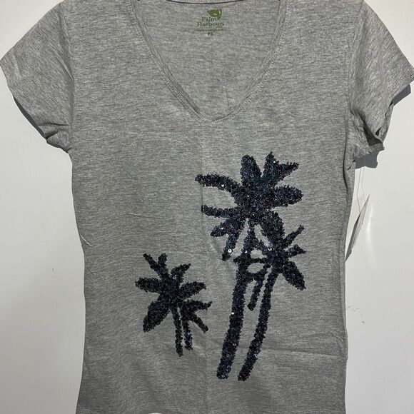 Palm Harbour Women's Gray Sequined V-Neck Short Sleeve T-Shirt Petite Small NWT - Picture 1 of 12